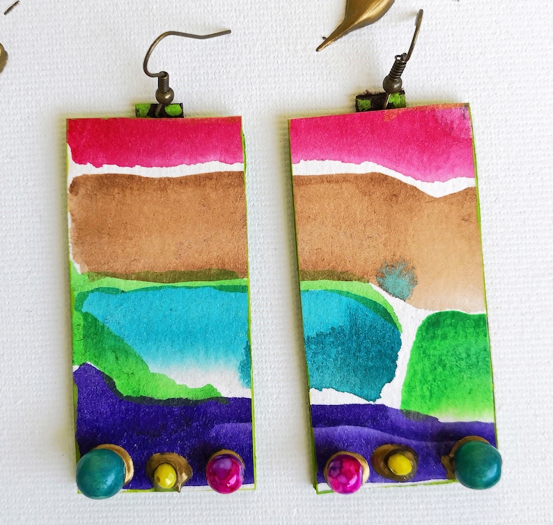 Watercolor painted earrings Artsy dangle earrings Large paper earrings Cubist art earrings Beaded long earrings Statement long earrings