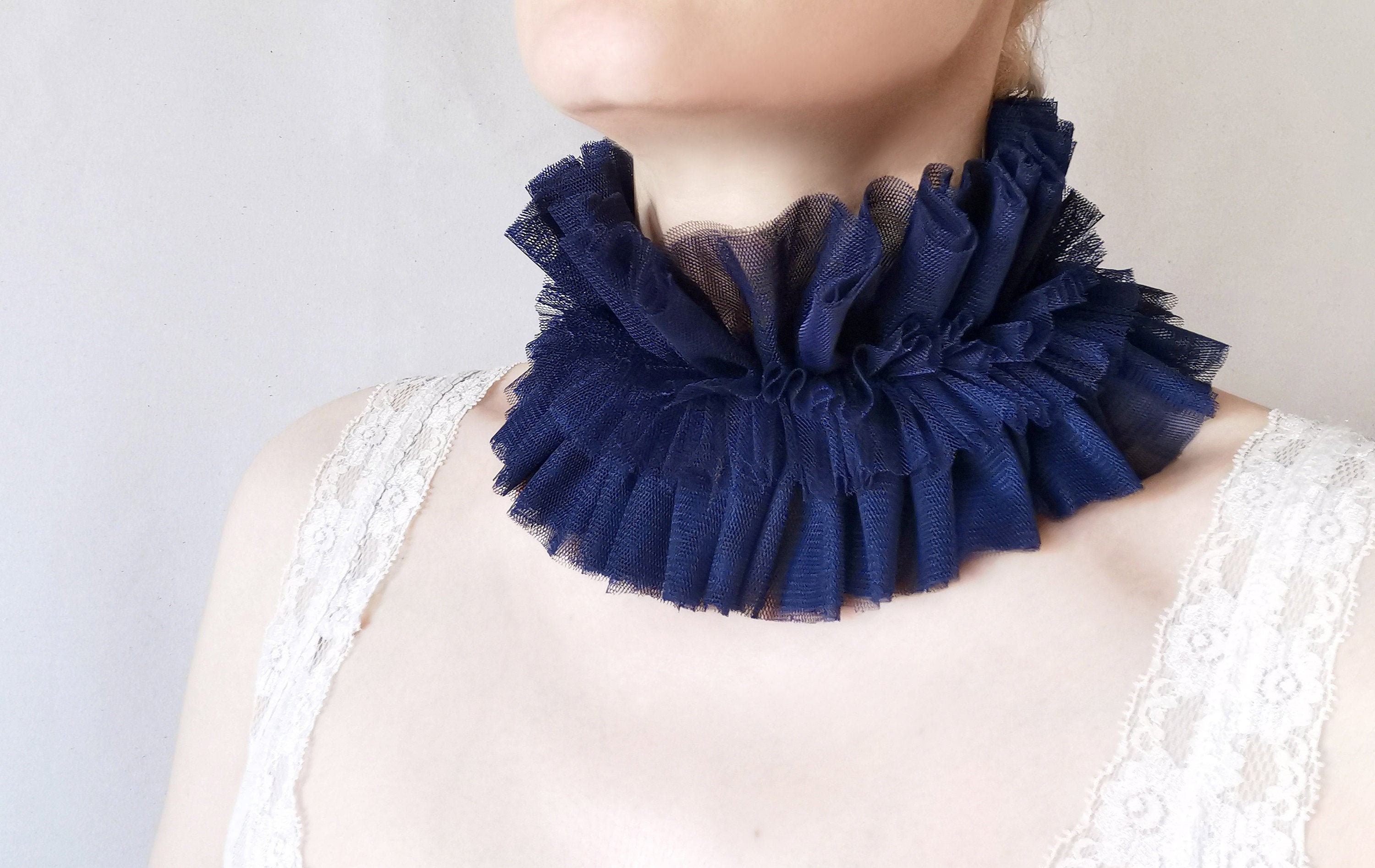 Neck Ruff Collar Tulle Clown Collar Navy Blue Circus Costume Renaissance  Elizabethan High Collar Stage Performer Dancer Ruffle Choker Show 