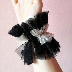 Renaissance Circus Clown Black tulle ruffle cuffs, Renaissance costume cuffs bracelets, Elizabethan costume, Harlequin Clown frilly cuffs image 5
