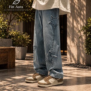 Y2K Distressed Star Patch Baggy Jeans, Frayed Wide Leg Denim Pants
