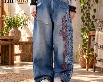 Embroidered Wide Leg Jeans, High Waist Floral Denim, Boho Baggy Jeans