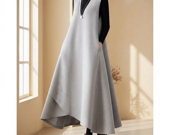 Wollmischkleid mit V-Ausschnitt, graues A-Linien-Latzkleid mit Schlitz, japanisch inspiriertes Lagenkleid für Herbst und Winter