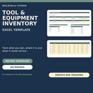 Puede incluir: Una plantilla digital de Excel en azul oscuro para inventario de herramientas y equipos de Buildtally Studio. Incluye un panel con tablas de datos, seguimiento de servicio y el texto: Tool & Equipment Inventory, Excel Template, Instant Download.