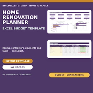Può includere: Un modello di budget Excel per la pianificazione di ristrutturazioni domestiche di Buildtally Studio. La grafica viola mostra una dashboard con grafici finanziari e una tabella di budget per stanza. Include il testo Home Renovation Planner.