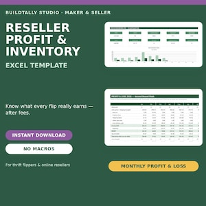 Könnte beinhalten: Eine digitale Excel-Vorlage zur Verfolgung von Gewinnen und Lagerbeständen für Wiederverkäufer auf dunkelgrünem Hintergrund. Der Text lautet Buildtally Studio, Reseller Profit & Inventory, Excel Template, Instant Download, No Macros und Monthly Profit & Loss.