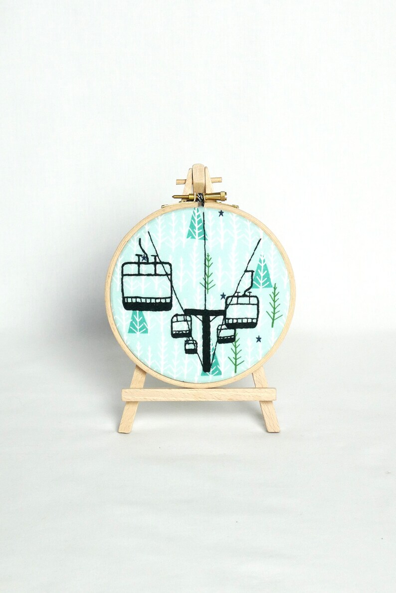 Ski lift silhouette embroidery hoop Skiing gift for her Etsy Snowflake chalet embroidery patterns inspired by alpine ski lodge