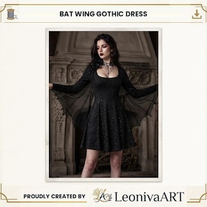 May include: A black dress featuring long sleeves with attached sheer bat wing panels extending from the arms to the waist. The dress has a scoop neckline and a flared skirt with a subtle shimmering texture throughout the fabric.