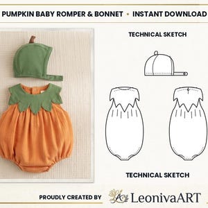 Può includere: Un set composto da pagliaccetto e cuffietta per neonati a forma di zucca, con un pagliaccetto arancione arricciato dotato di colletto a forma di foglie verdi e una cuffietta verde abbinata con un picciolo marrone. Include uno schizzo tecnico.