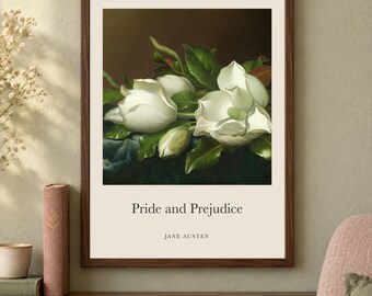 Pride and Prejudice Magnolia Title Print, Jane Austen Literary Wall Art, 12x16 Matte Painting Poster