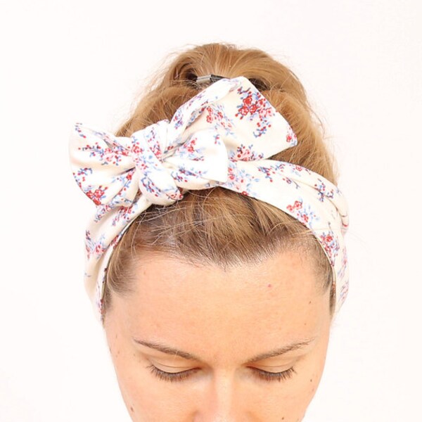 White floral women headscarf - soft cotton retro tie up head scarf for women