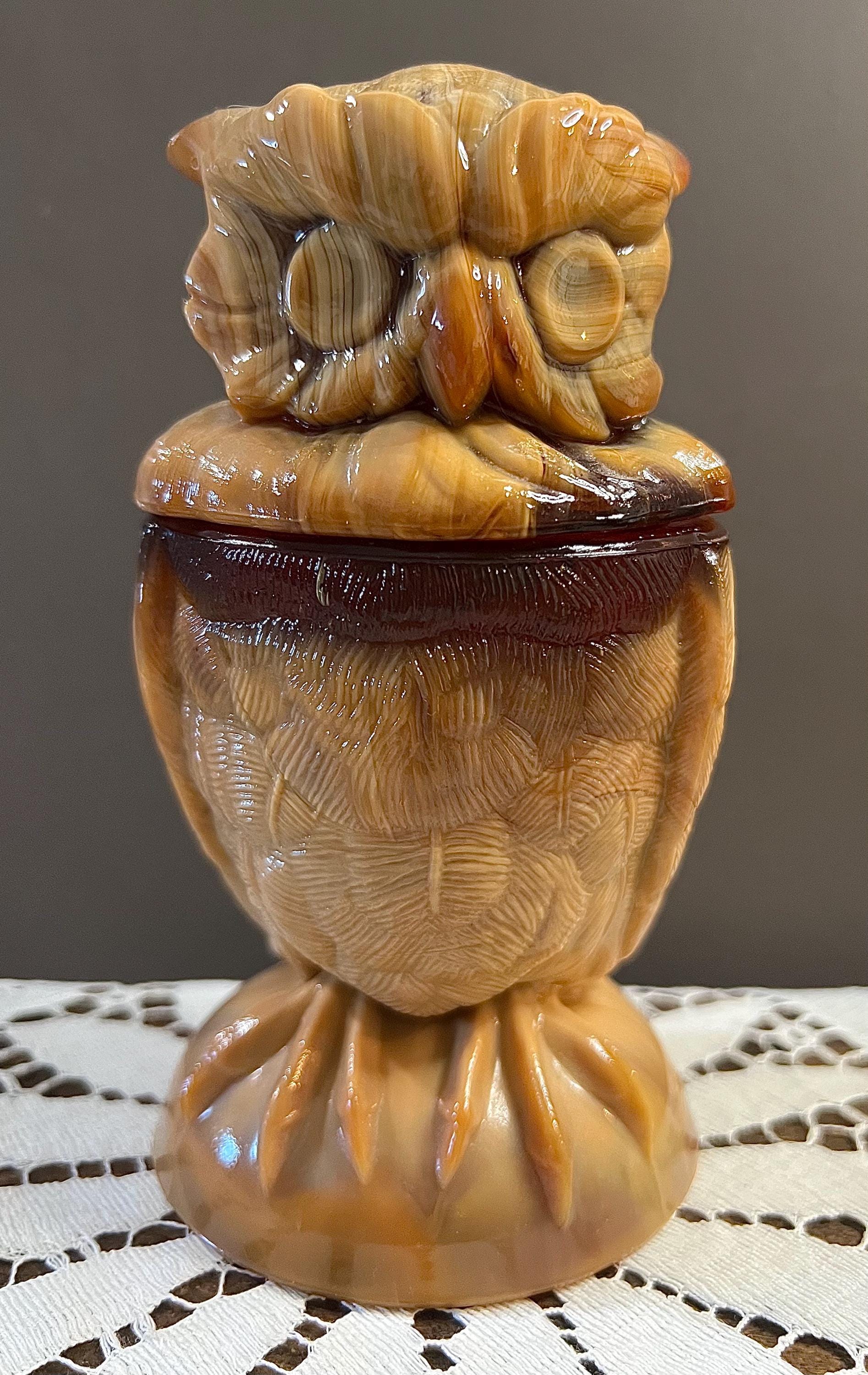 Vintage Imperial Glass Caramel Slag Owl Covered Jar / Candy Dish – 6.5”