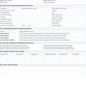 May include: A white paper small engine maintenance log form with black text. Sections include equipment identification, fluid and filter specs, service intervals, a seasonal storage checklist, and a service and repair history table.
