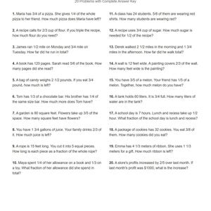 以下が含まれることがあります： 5th Grade Fraction Word Problemsというタイトルの白い教育用ワークシート。ピザ、小麦粉、マイル、ページ、キャンディ、チョコレート、庭、ジュース、ロープ、お小遣い、生徒、砂糖、壁、メロン、タンク、学校の時間、クッキー、リボン、利益に関するシナリオを含む、20問の番号付き分数数学問題が記載されています。