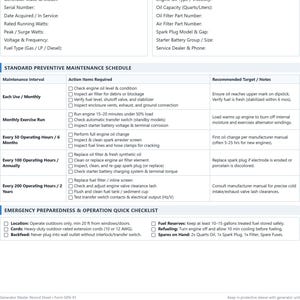 May include: A white generator maintenance log document featuring sections for equipment information, technical specifications, a standard preventive maintenance schedule, an emergency preparedness checklist, and a generator exercise operational log.