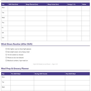 May include: A white weekly planner template titled Night Shift Weekly Survival Planner with sections for a Weekly Shift & Sleep Tracker, a Wind-Down Routine checklist, and a Meal Prep & Grocery Planner for tracking daily shift hours and meals.