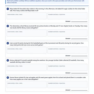 Może przedstawiać: Arkusz zadań matematycznych dla drugiej klasy zatytułowany 2-Digit Addition Word Problems. Zawiera pięć numerowanych zadań z miejscem na obliczenia, równania i odpowiedzi, a także pola na imię, nazwisko, datę i wynik punktowy.