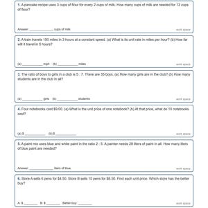 Op de afbeelding: Een wiskundewerkblad voor groep 8 met de titel Ratios & Rates Word Problems, bestaande uit zes opgaven over verhoudingen, eenheidsprijzen en percentages, met lege regels voor namen, datums, antwoorden en werkruimte voor elke opgave.