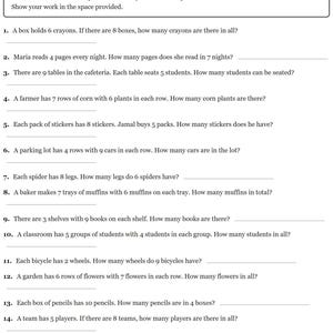 May include: A black and white educational worksheet titled Multiplication Word Problems Grade 3, featuring 16 numbered math problems with blank lines for answers. The text includes instructions to write a multiplication sentence and solve.