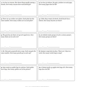 May include: A black and white educational worksheet titled Division Word Problems for Grade 3. It features twelve math problems involving sharing and grouping, with blank boxes for drawing pictures or writing number sentences and division equations.