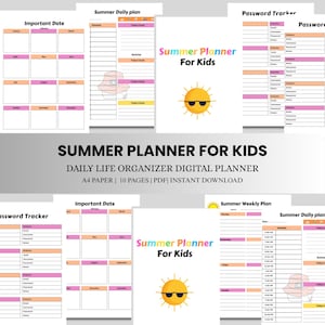 Könnte beinhalten: Ein digitaler Sommerplaner für Kinder im A4-Format mit farbenfrohen Layouts. Enthält einen Kalender für wichtige Termine, einen Tagesplaner mit Fischerhut-Symbolen, einen Passwort-Tracker und ein Deckblatt mit einer Sonnen-Grafik.