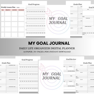 Pode incluir: Um planejador digital intitulado My Goal Journal com vários modelos, incluindo um plano de aula semanal, rastreadores de progresso de metas com escalas de porcentagem e folhas de plano de metas com etapas de ação.