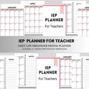 Könnte beinhalten: Ein digitaler IEP-Planer für Lehrkräfte mit monatlichen Kalenderseiten mit rosa Akzenten, linierten Notizseiten und einem Deckblatt mit der Aufschrift IEP PLANNER For Teachers. Enthält Textüberschriften für Januar und April.
