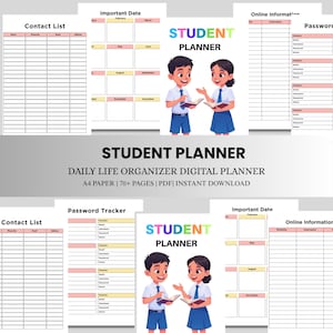 Könnte beinhalten: Ein digitaler Schülerplaner mit A4-Seiten, die Kontaktlisten, wichtige Termine und Passwort-Tracker enthalten. Das Deckblatt zeigt den Text STUDENT PLANNER und eine Illustration von zwei Schülern in Schuluniform mit Büchern.