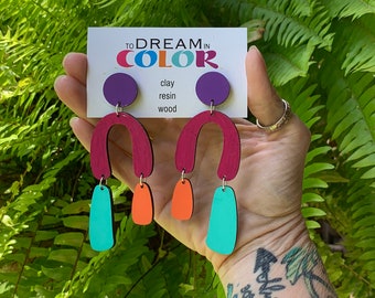 80s inspired Earrings, Statement Earrings, Wood Earrings, Handmade Earrings, Laser Cut Earrings, Bold Earrings, Dangle Earrings, Handpainted