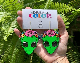 Handmade Wood Alien Earrings