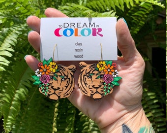 Tiger Earrings, Tiger and Flowers Earrings, Hand Painted Earrings, Statement Earrings, Wood Earrings, Handmade Earrings, Dangle Earrings