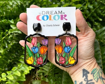 Hand-Painted Tulip Garden Earrings: Lightweight Wood Resin Floral Jewelry