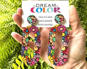 Hand-Painted Flower Hoop Earrings: Bold Maple Wood Jewelry