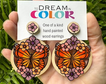 Hand Painted Monarch Butterfly Earrings, Hand Painted Earrings, Wood Earrings, Statement Earrings, Large Earrings, Bold Earrings