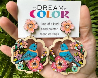 Handmade Painted Blue Bird Wood Earrings: Lightweight Hypoallergenic Hooks