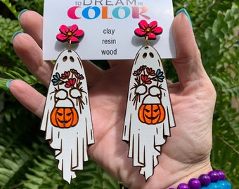 Wood Ghost Halloween Earrings