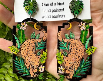 Leopard Jungle Earrings – Hand Painted Wood Statement Jewelry – Lightweight Colorful Earrings - Nature Lover Gift