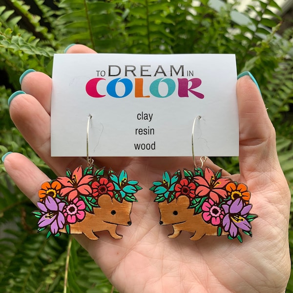 Hedgehog Earrings, Adorable Earrings, Hand Painted Earrings, Statement Earrings, Wood Earrings, Handmade Earrings, Dangle Earrings