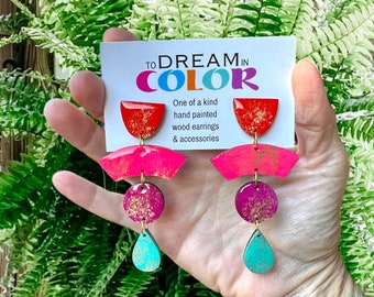 Neon 80s Geometric Earrings: Hand-Painted Wood & Resin