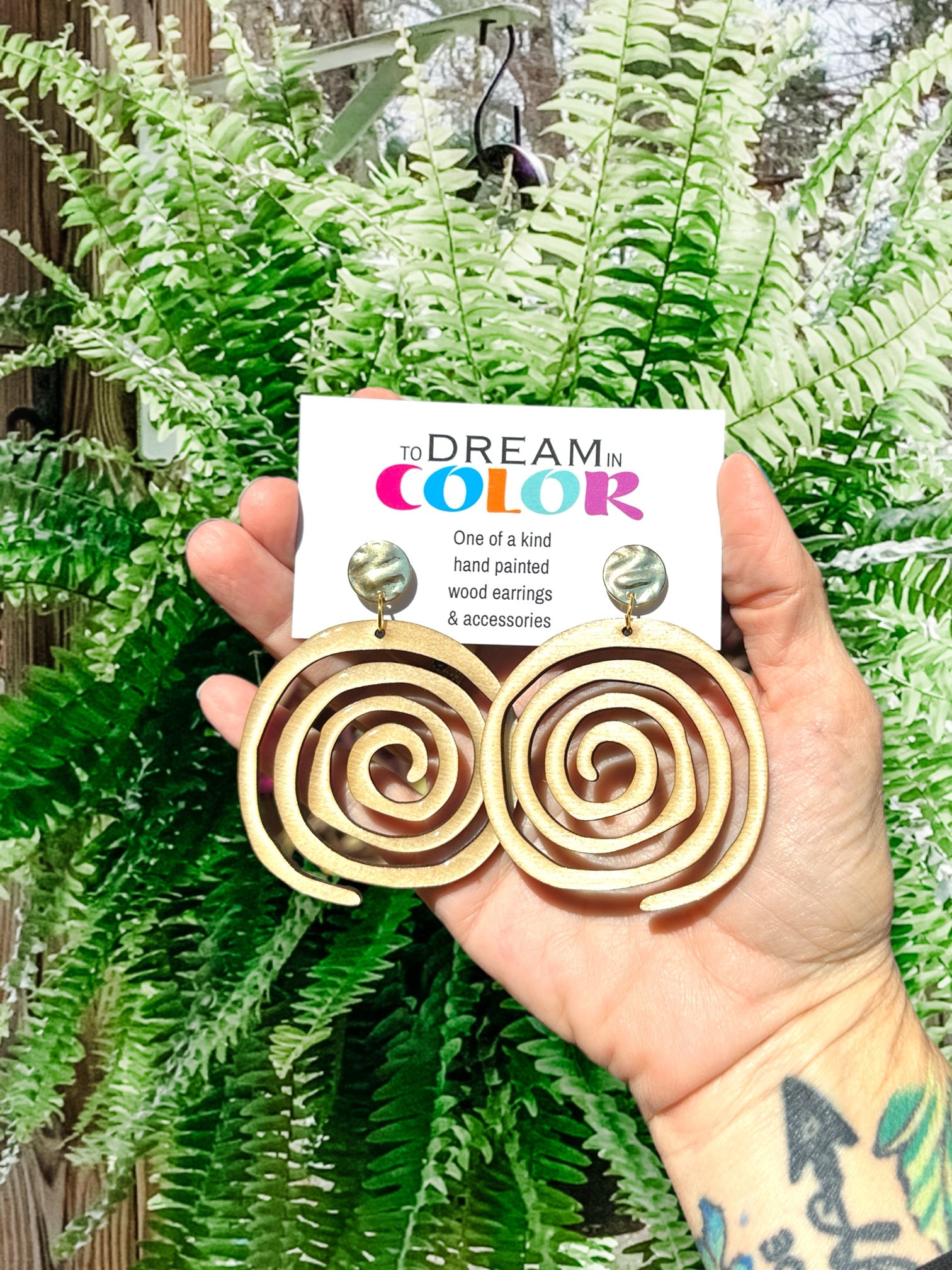 Natural Wood Spiral Earrings – Hand Painted Statement Earrings - Lightweight Statement Earrings - Neutral Earrings - Spiritual Jewelry