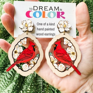 Hand-Painted Cardinal Earrings: Magnolia Wood Statement Jewelry