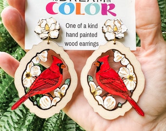 Hand-Painted Cardinal Earrings: Magnolia Wood Statement Jewelry