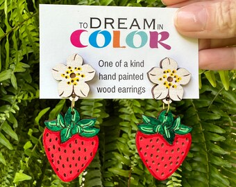 Hand-Painted Strawberry Earrings: Lightweight Wood, Summer Jewelry