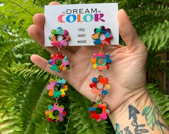 Handmade Bold Flower Earrings: Laser Cut Wood Dangle Earrings