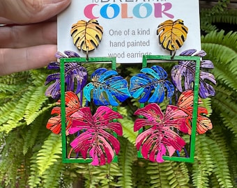 Rainbow Monstera Earrings: Hand-Painted Wood Tropical Statement Jewelry
