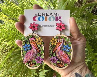 Hand-Painted Pelican Earrings: Tropical Floral Wood Statement Jewelry