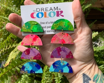 Hand-Painted Wood Dangle Earrings: Bold Multicolored Statement Jewelry