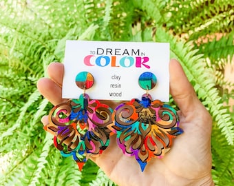 Bold Hand Painted Multicolored Damask Earrings, Wood Earrings, Handmade Earrings, Laser Cut Earrings, Dangle Earrings, Statement Earrings