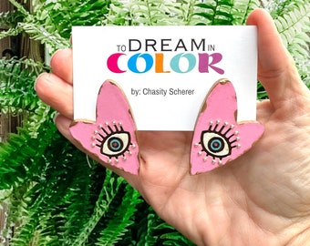 Handmade Wood Heart Earrings: Pink Evil Eye Statement Jewelry