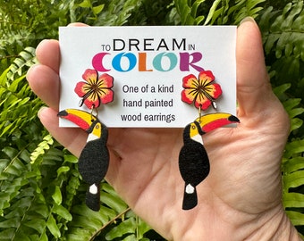 Toucan Earrings, Hand Painted Earrings, Statement Earrings, Hibiscus Earrings, Handmade Earrings, Bold Earrings, Dangle Earrings