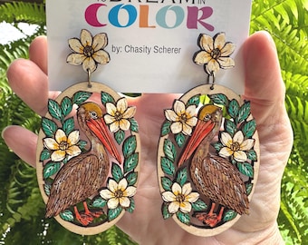 Hand-Painted Pelican Earrings: Floral Bayou Art Jewelry, Lightweight Wood